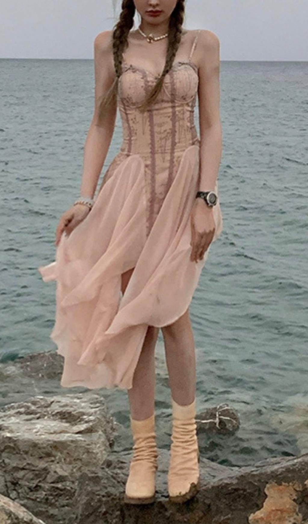 BANDAGE SATIN LACE MIDI DRESS IN PINK