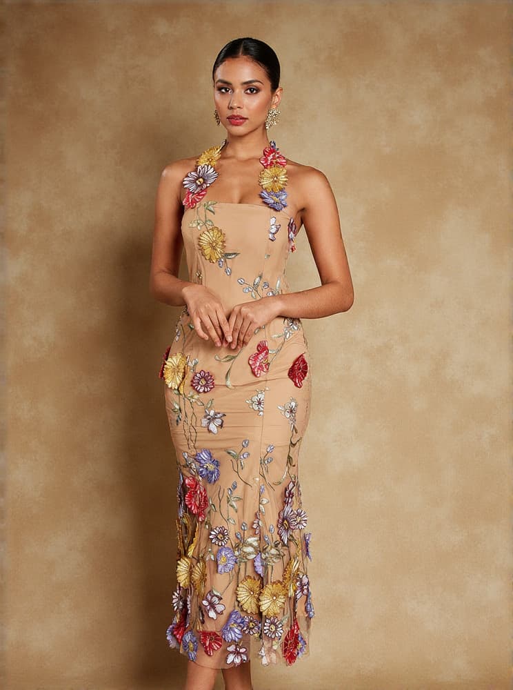 Kohen Halterneck Flower Embroidered Midi Dress