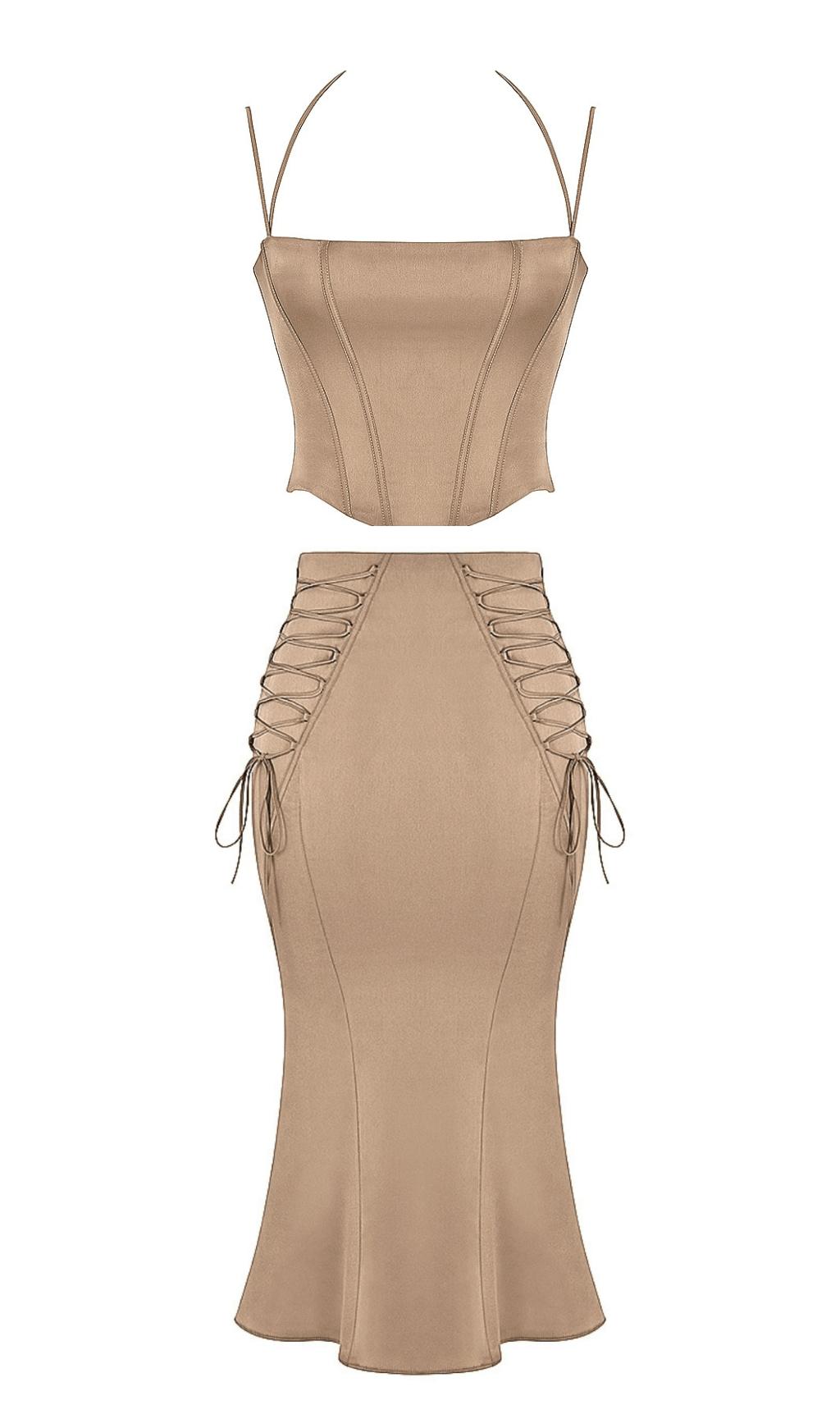 SATIN TWO PIECE MIDI DRESS IN BROWN