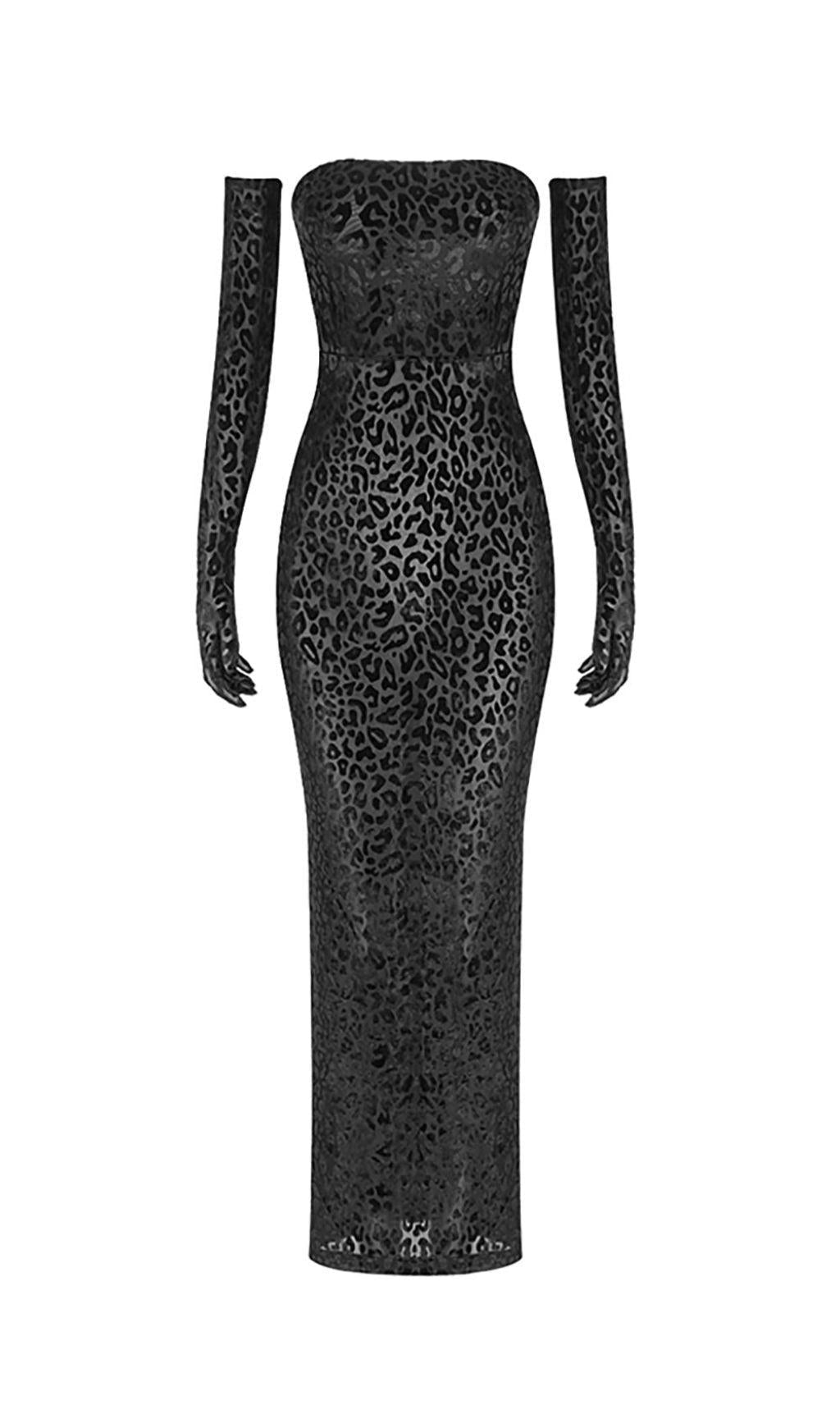 Leopard Long Sleeves Black Off-Shoulder Dress