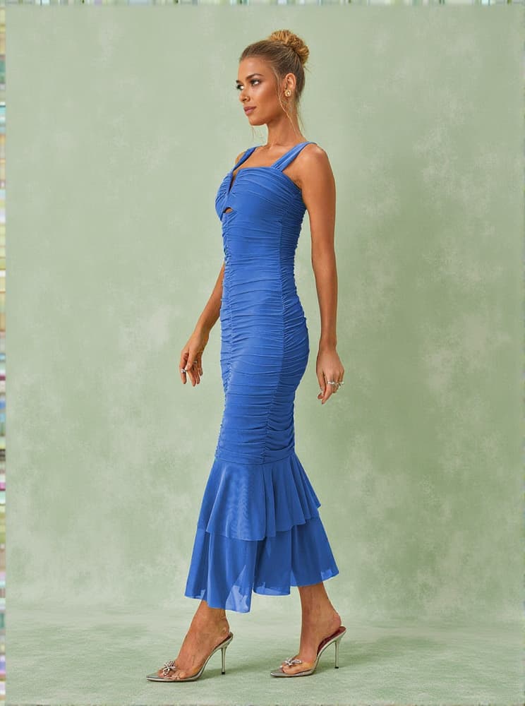 Eri Ruched Mesh Maxi Dress In Blue