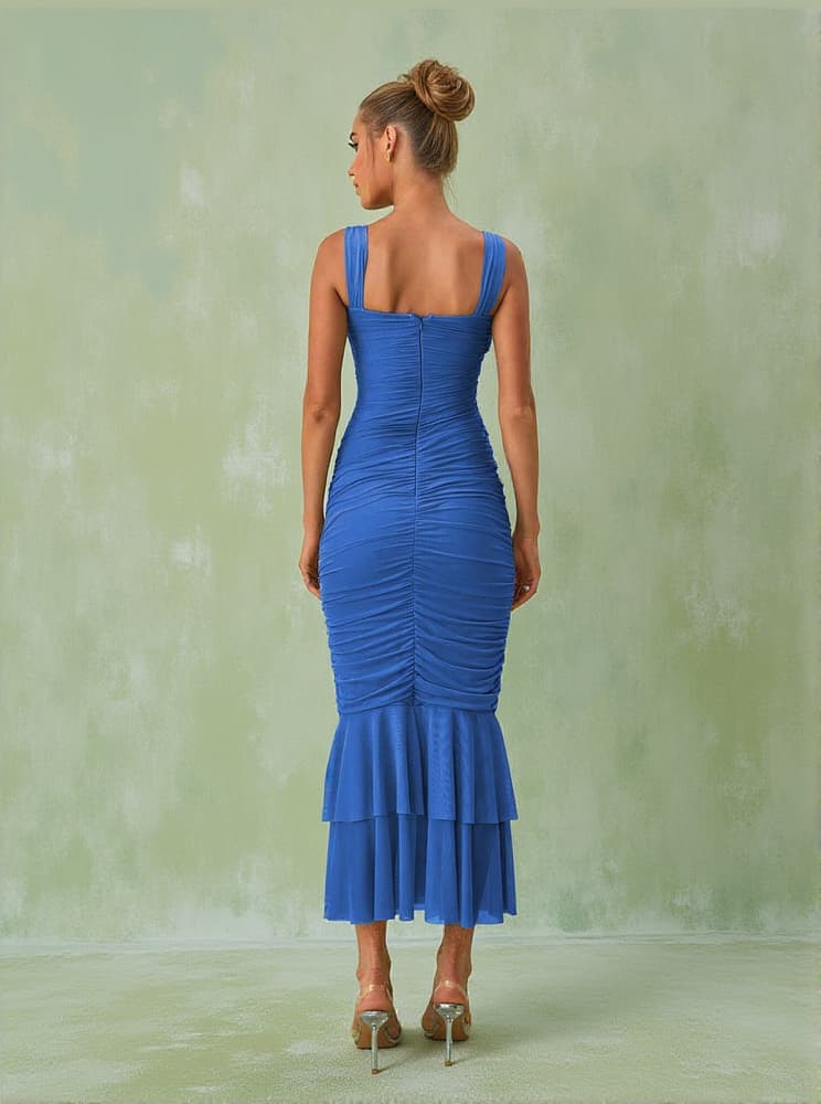 Eri Ruched Mesh Maxi Dress In Blue