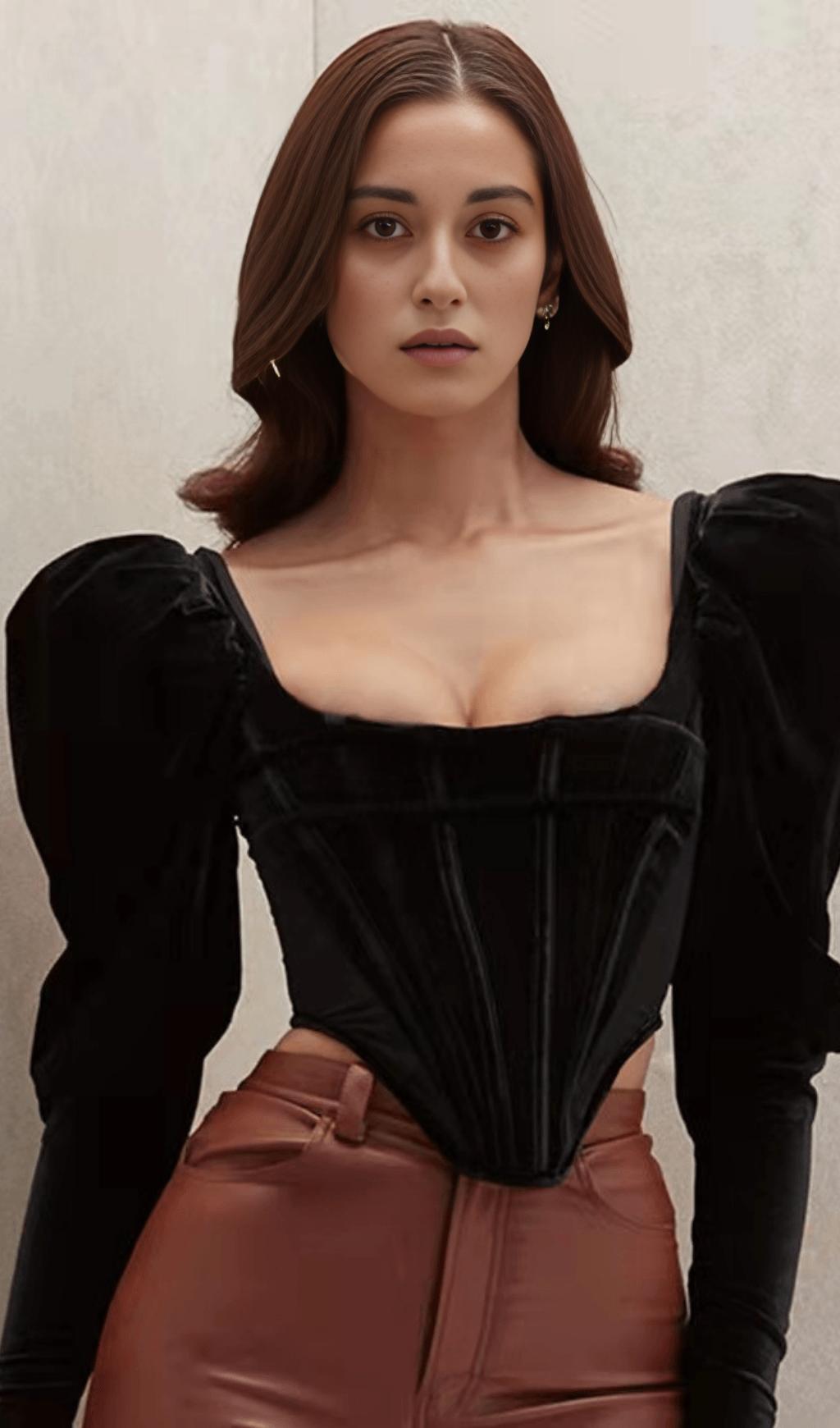 VELVET PUFF SLEEVE CORSET IN BLACK – Artofcb