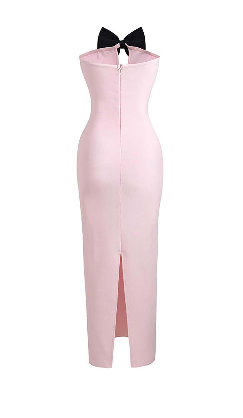 BOW EMBELLISHED SATIN MIDI DRESS IN PINK bow-embellished-satin-midi-dress-in-pink