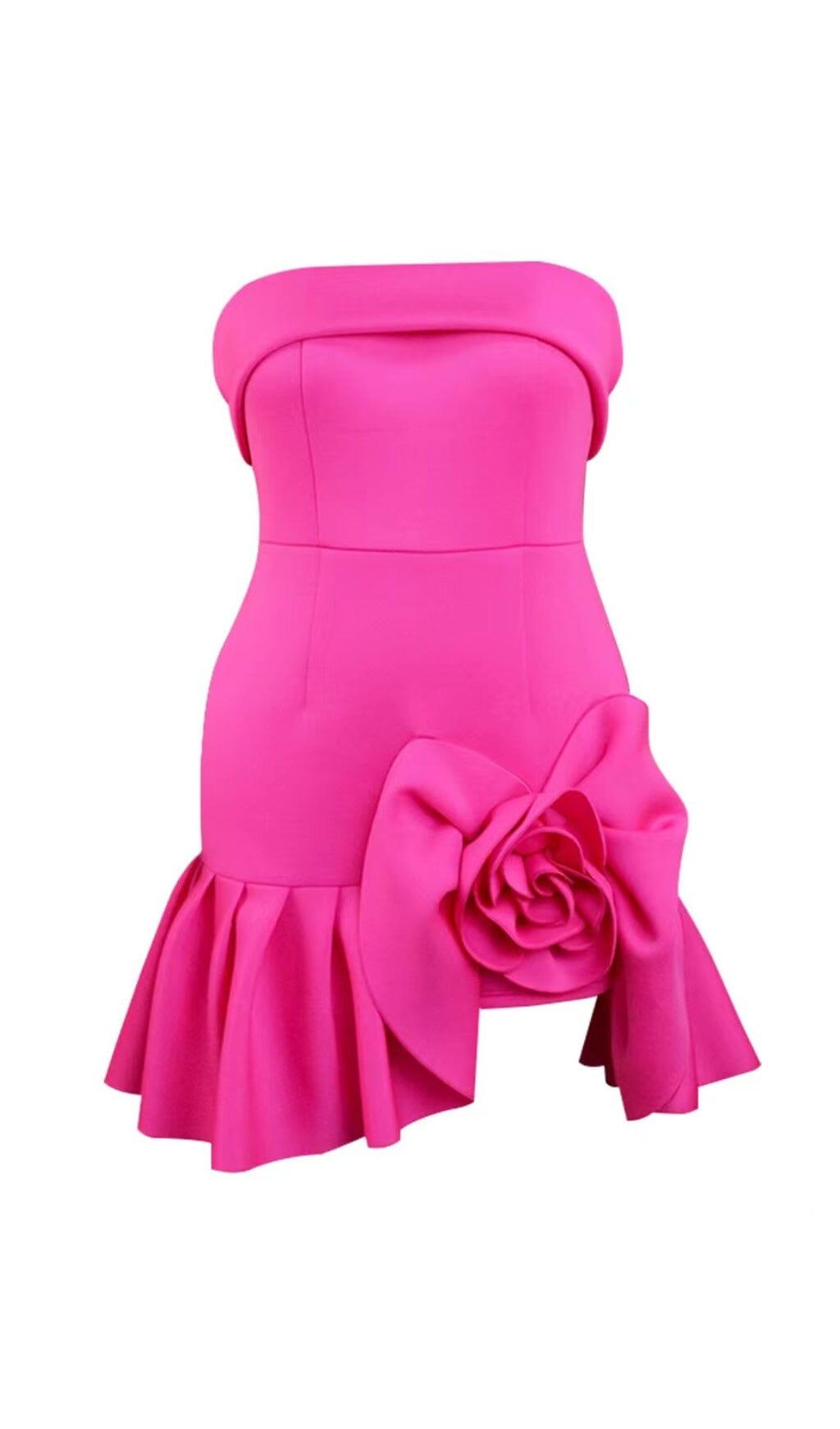 STRAPLESS FLOWER RUCHED MINI DRESS IN HOT PINK – Artofcb