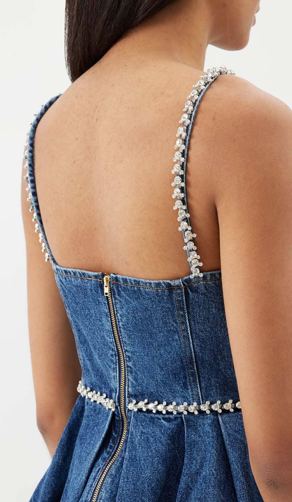 CRYSTAL-EMBELLISHED DENIM MINI DRESS IN BLUE – Artofcb