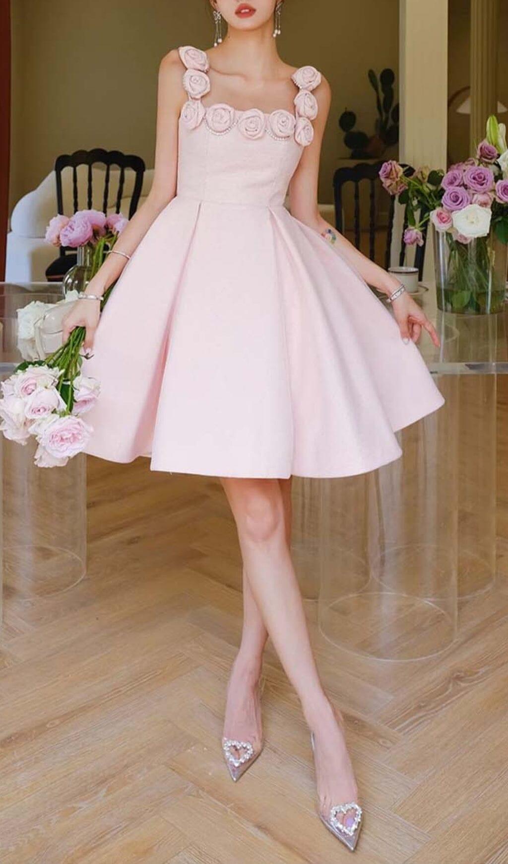 RHINESTONE ROSE APPLIQUE MINI DRESS IN PINK – Artofcb