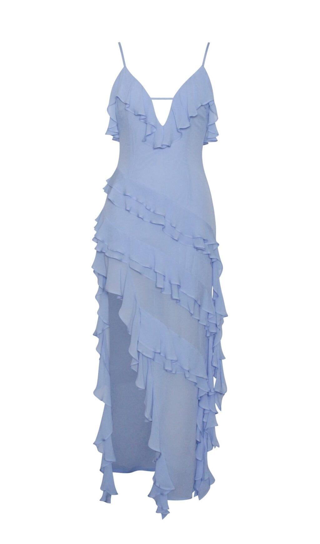 CORNFLOWER BLUE RAYON RUFFLE MAXI DRESS – Artofcb