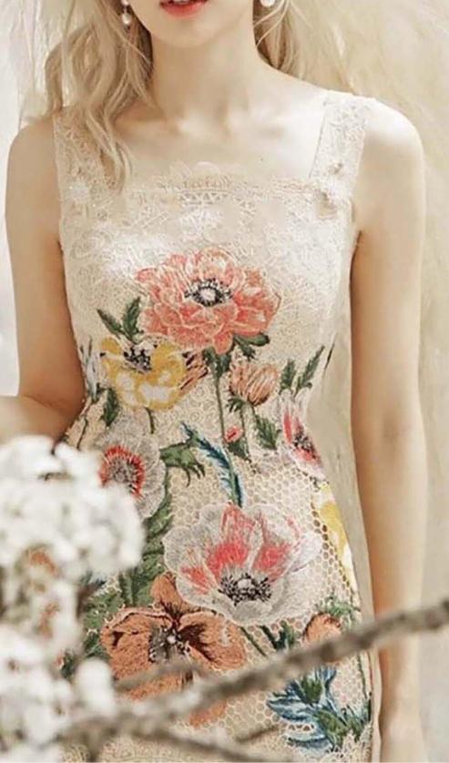 Jenna Short Sleeve Lace Hollow Out Embroidery Flower Midi Dress
