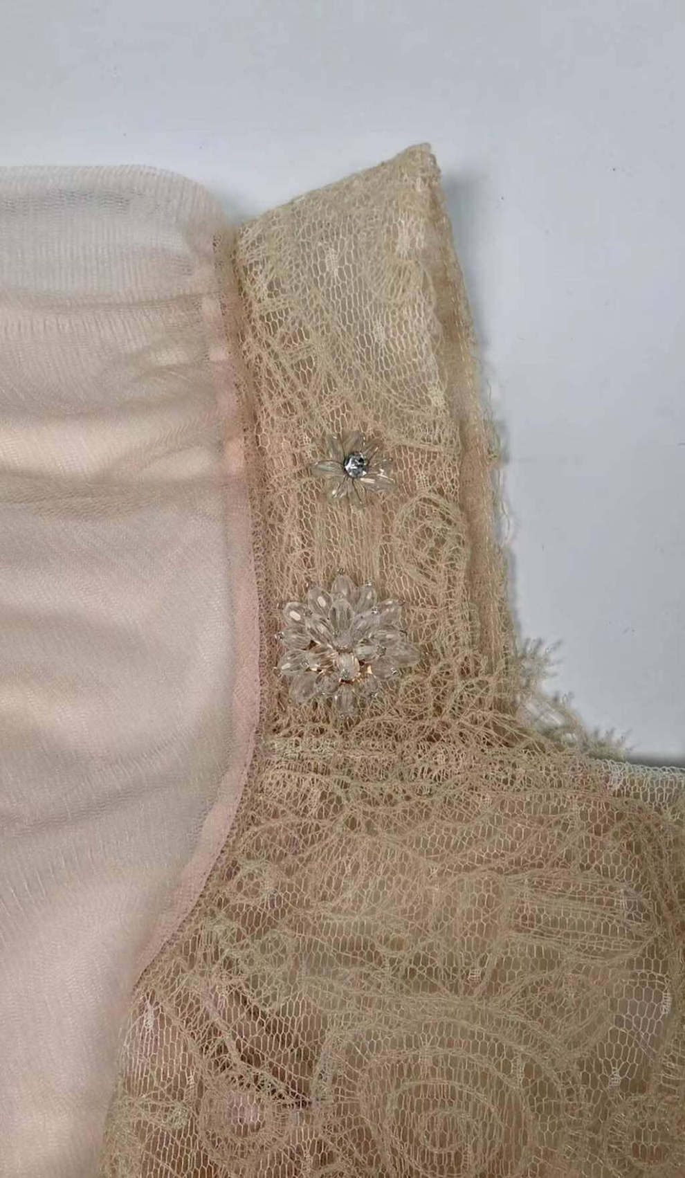 EMBROIDERY FLOWER LACE MIDI DRESS IN BEIGE  Artofcb