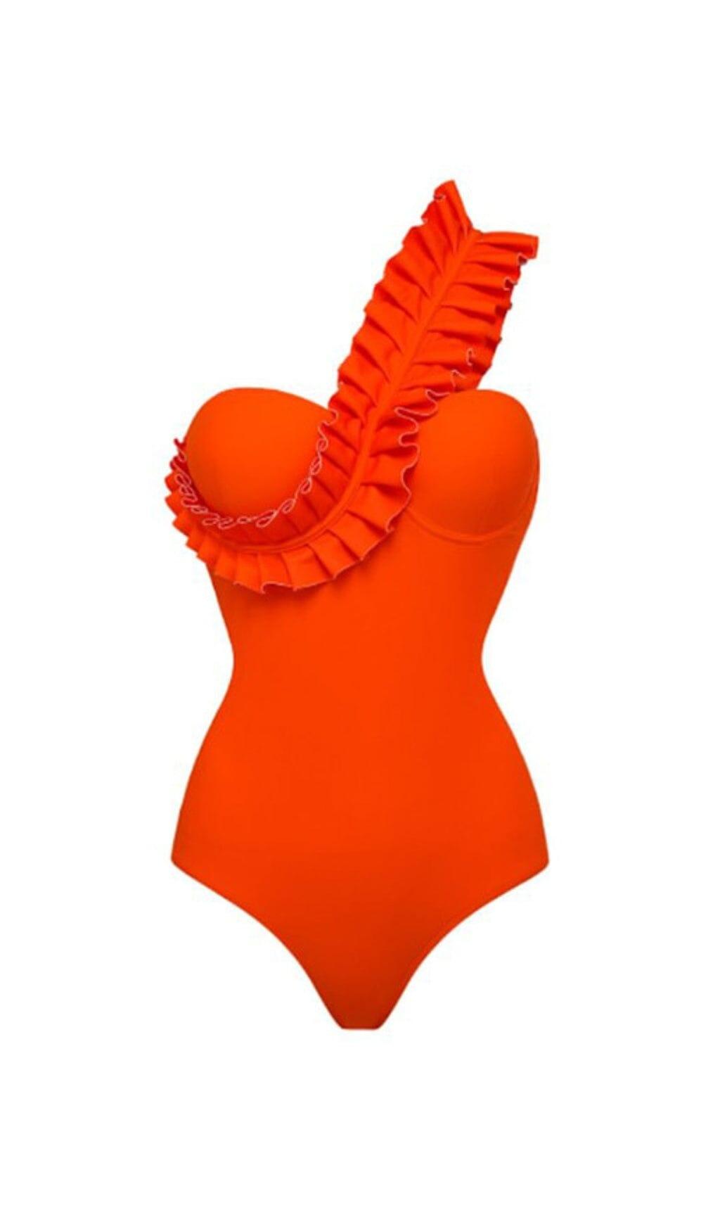 ONE SHOULDER RUFFLE ONE PIECE ORANGE SWIMSUIT Artofcb