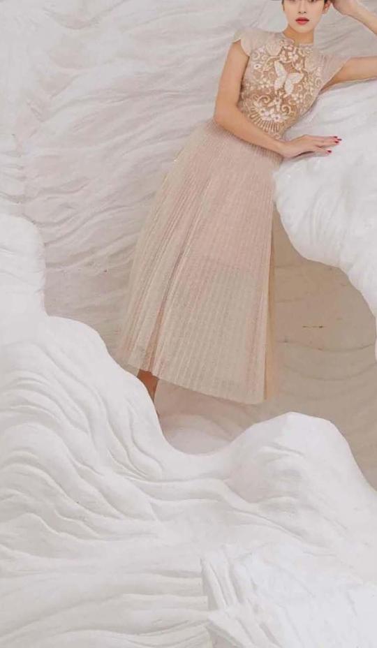 Beige Metallic Pleated Skirt Midi Dress