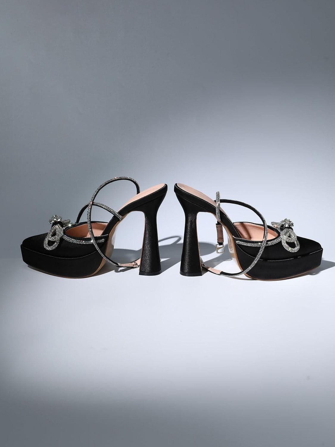 Anouk Bow Crystal Satin Heels In Black