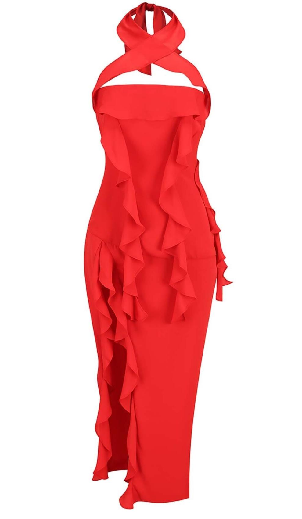 STRAPLESS RUFFLE SLIT MIDI DRESS IN RED – Artofcb