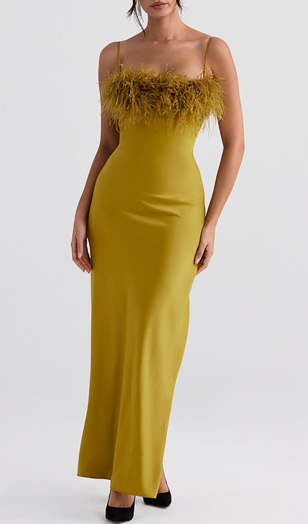 CHARTREUSE STRAPPY FEATHER TRIM MAXI DRESS Artofcb