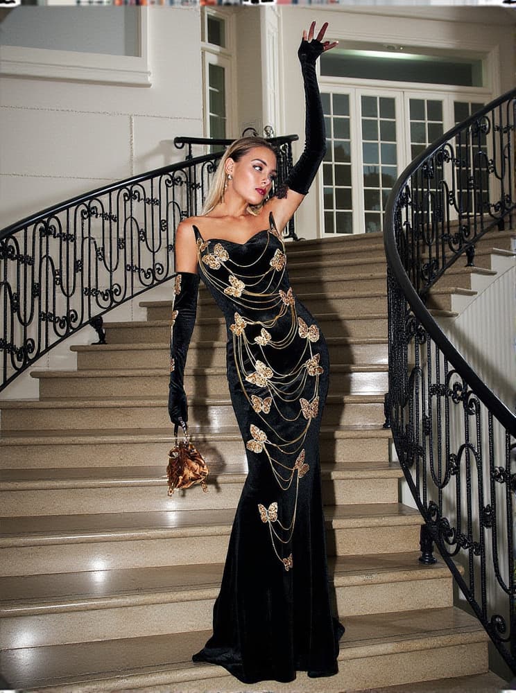 Miel Butterfly Chain Embellished Velvet Dress