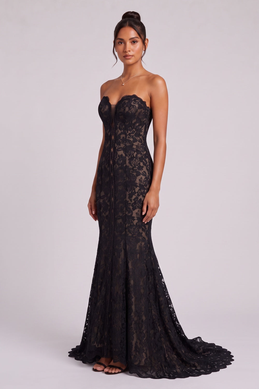 Black Lace Mermaid Gown with Sheer Plunge Detail black lace gown - product view 2