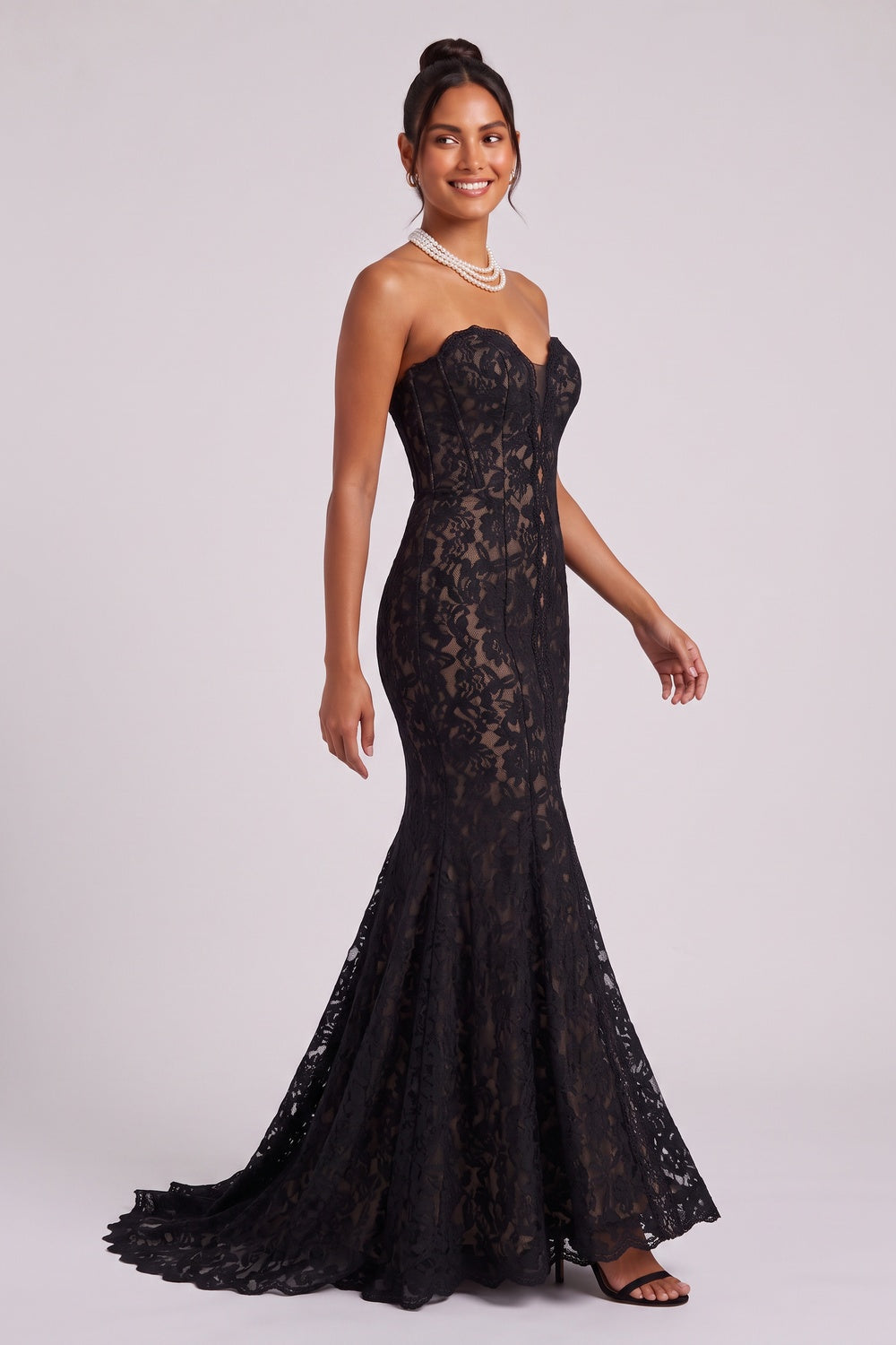 Black Lace Mermaid Gown with Sheer Plunge Detail black lace gown - product view 3