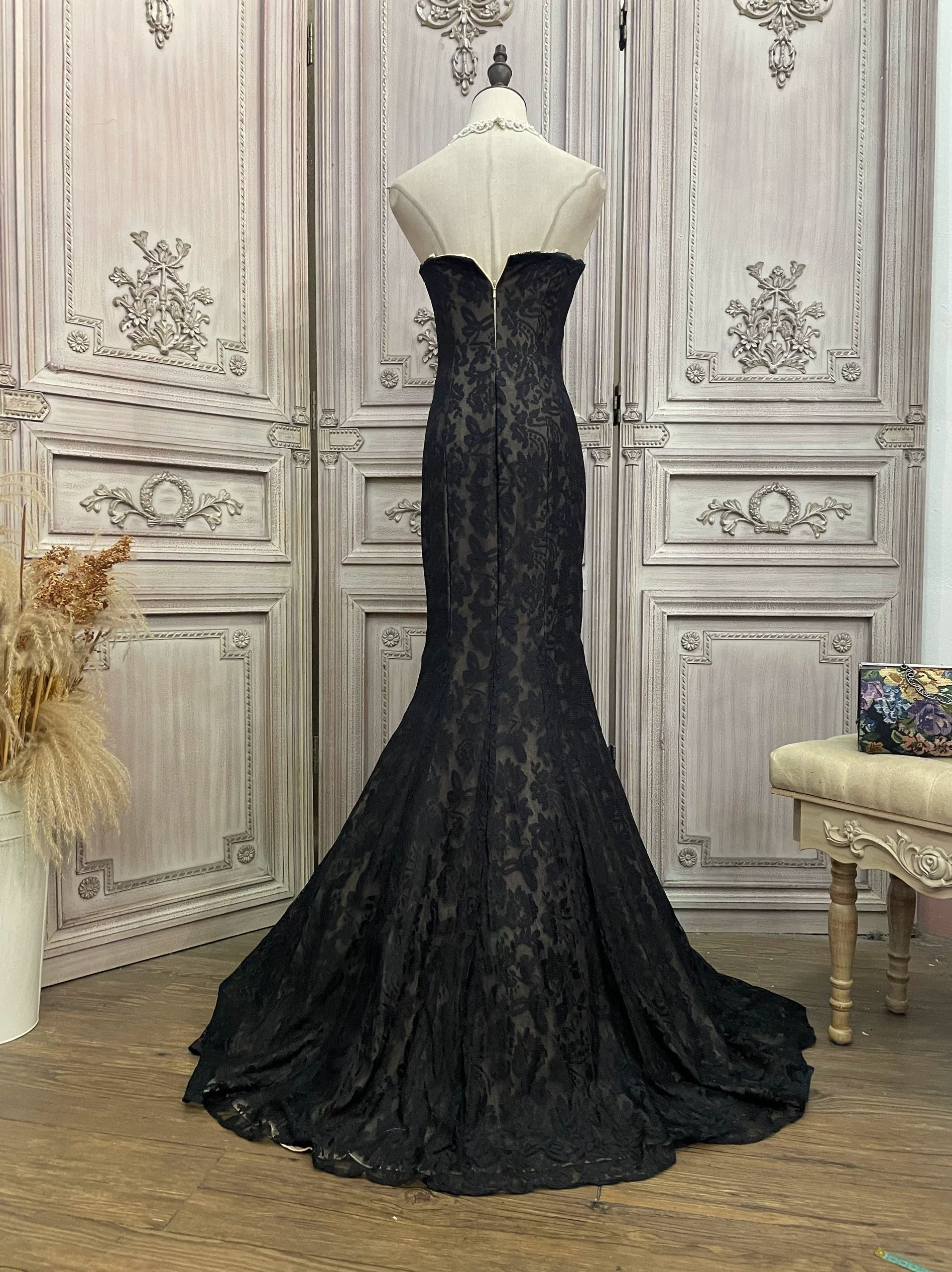 Black Lace Mermaid Gown with Sheer Plunge Detail