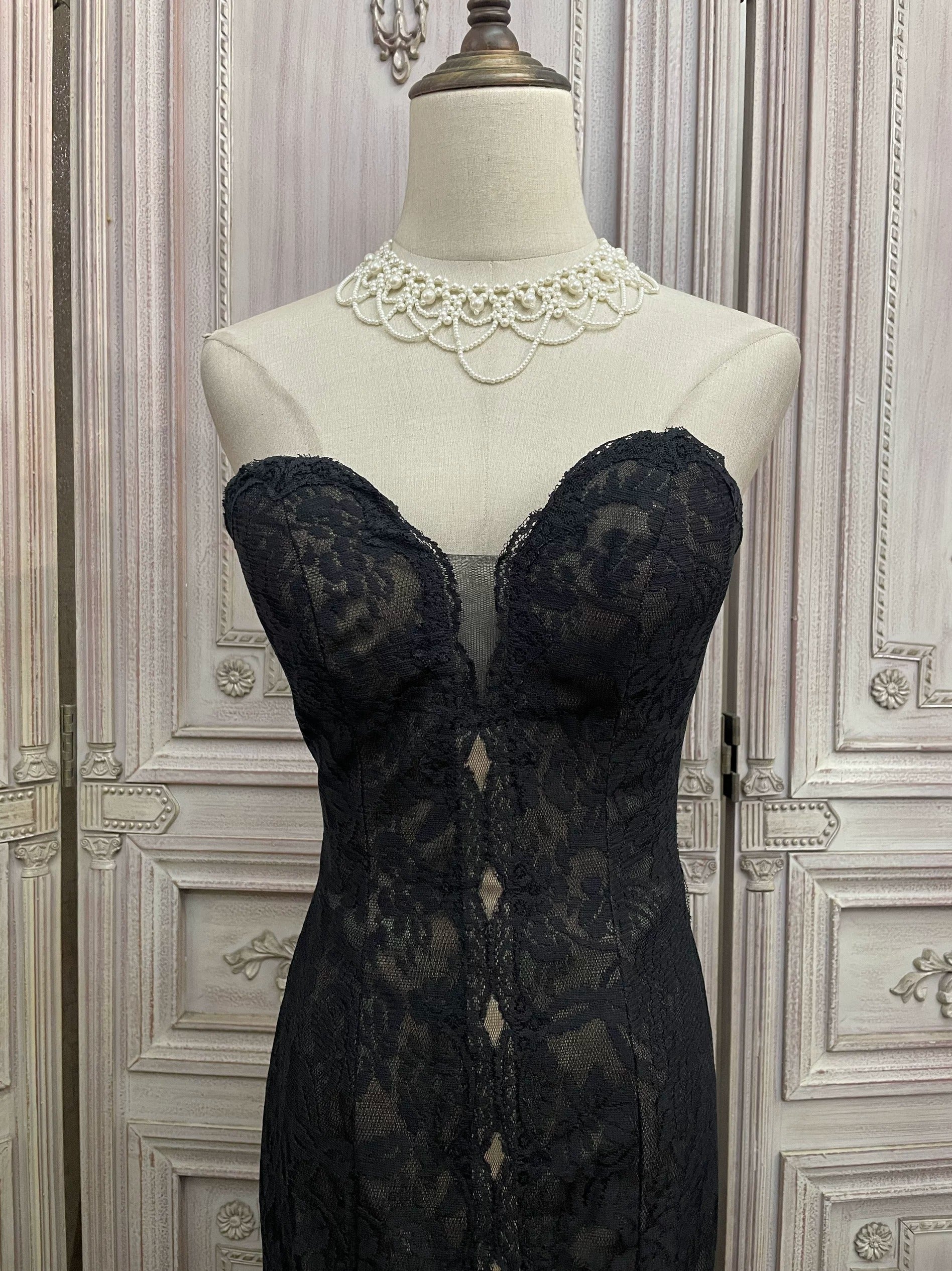 Black Lace Mermaid Gown with Sheer Plunge Detail