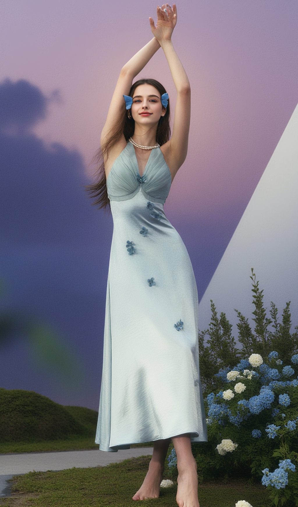 Butterfly Princess Halter midi Dress in light blue