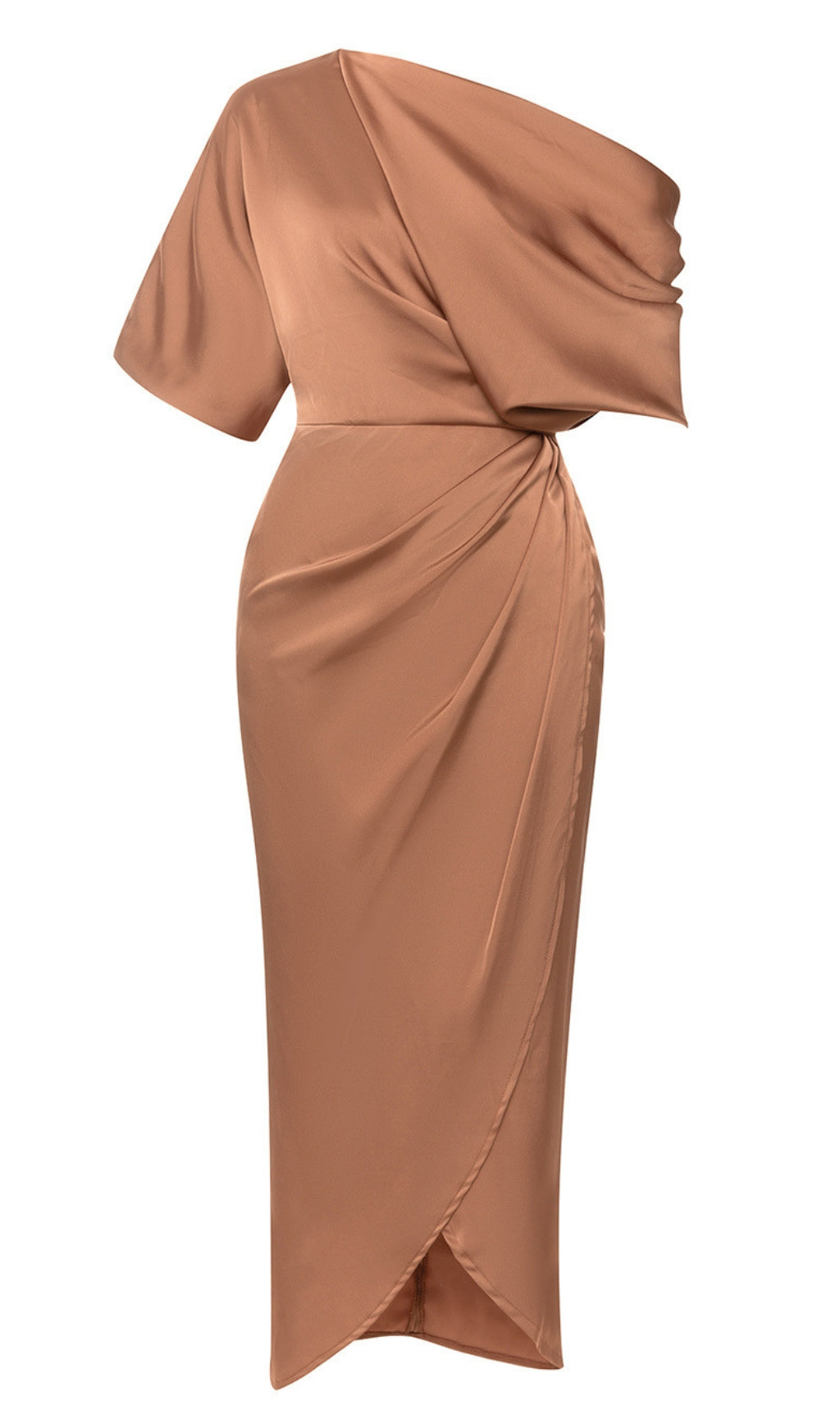One - Shoulder Draped Slit Midi Dress in Brown