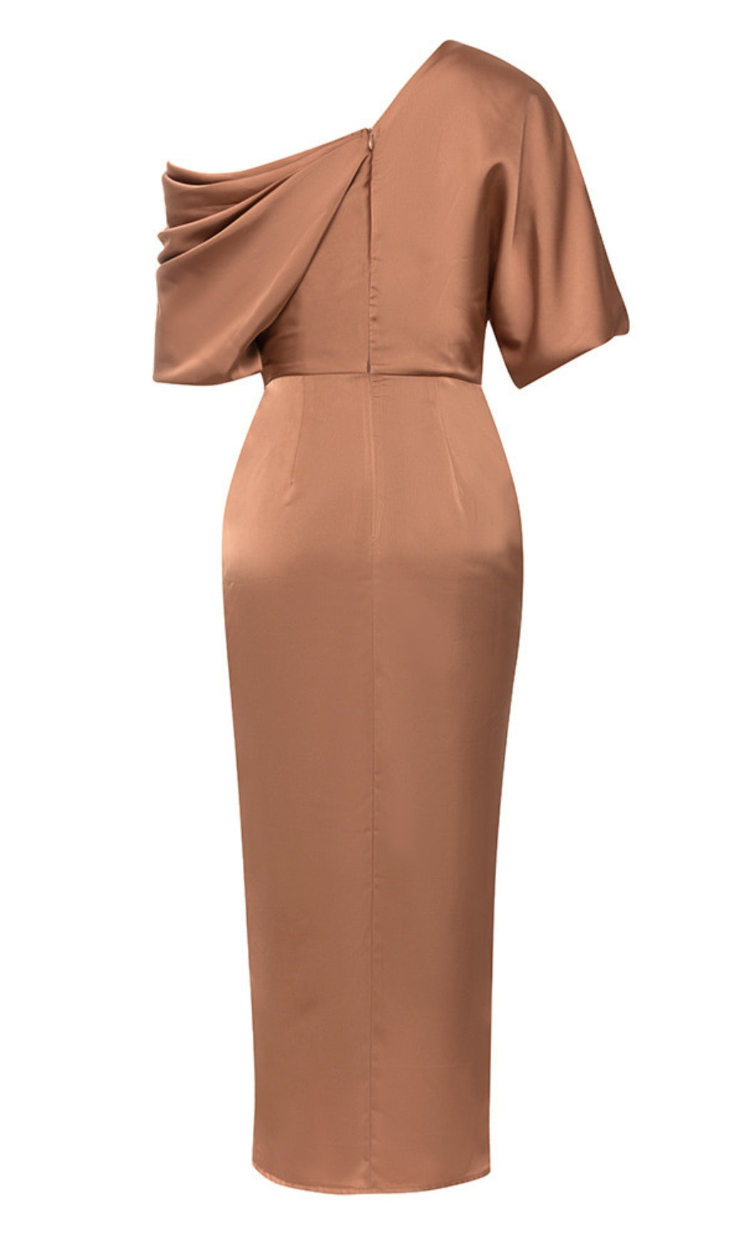 One - Shoulder Draped Slit Midi Dress in Brown