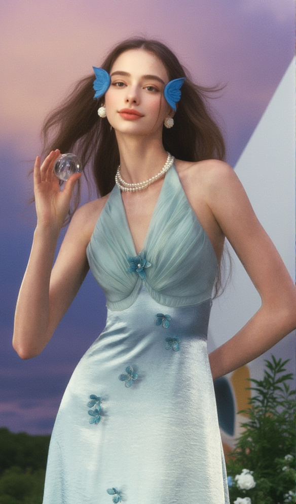 Butterfly Princess Halter midi Dress in light blue