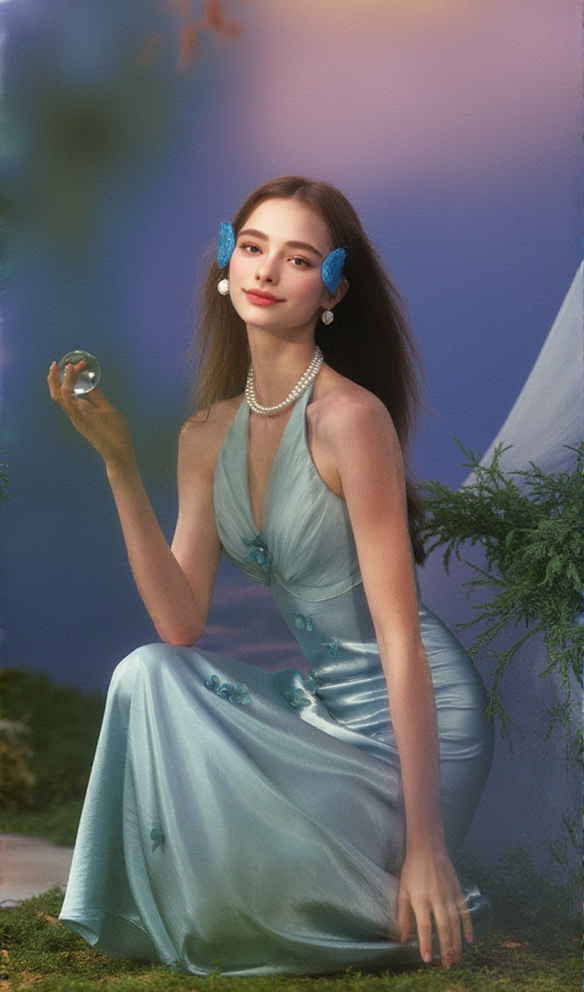 Butterfly Princess Halter midi Dress in light blue