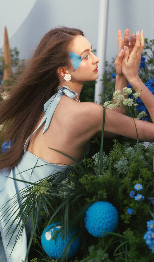 Butterfly Princess Halter midi Dress in light blue