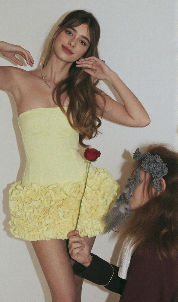 amy flower embellished mini skirt corset set in yellow