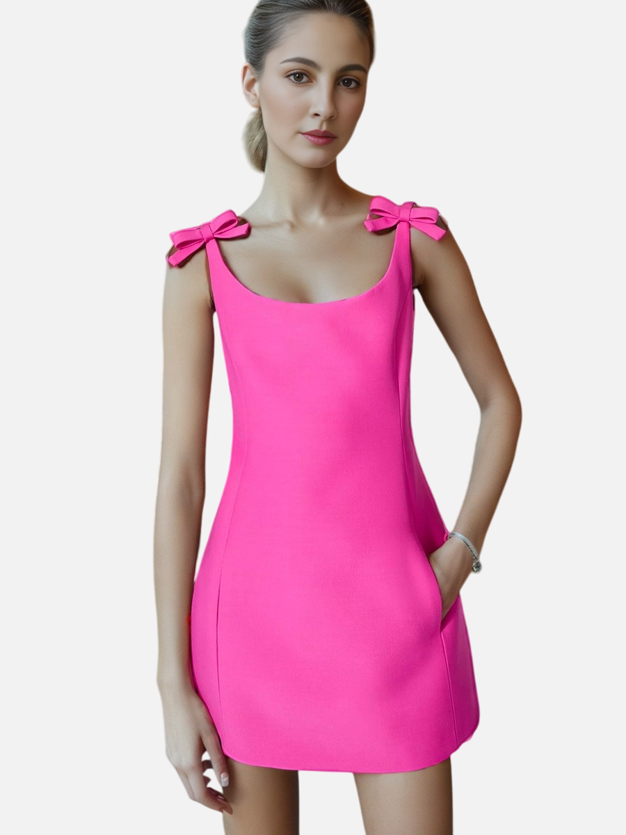 Summer new suspender bow decoration fashionable solid color temperament dress-chiquechics