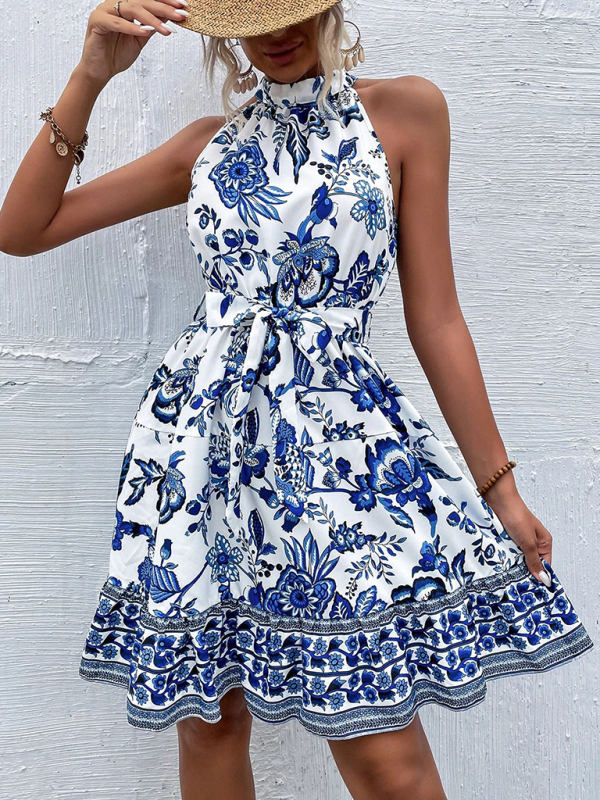 Fashion floral waist halter neck dress-chiquechics