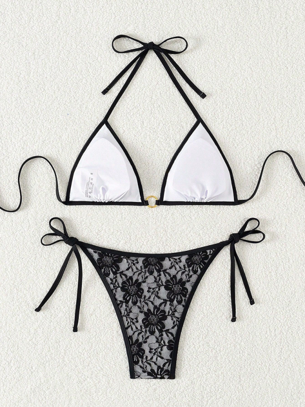 Black lace halter bikini swimwear-chiquechics