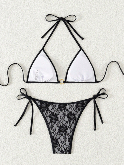 Black lace halter bikini swimwear-chiquechics