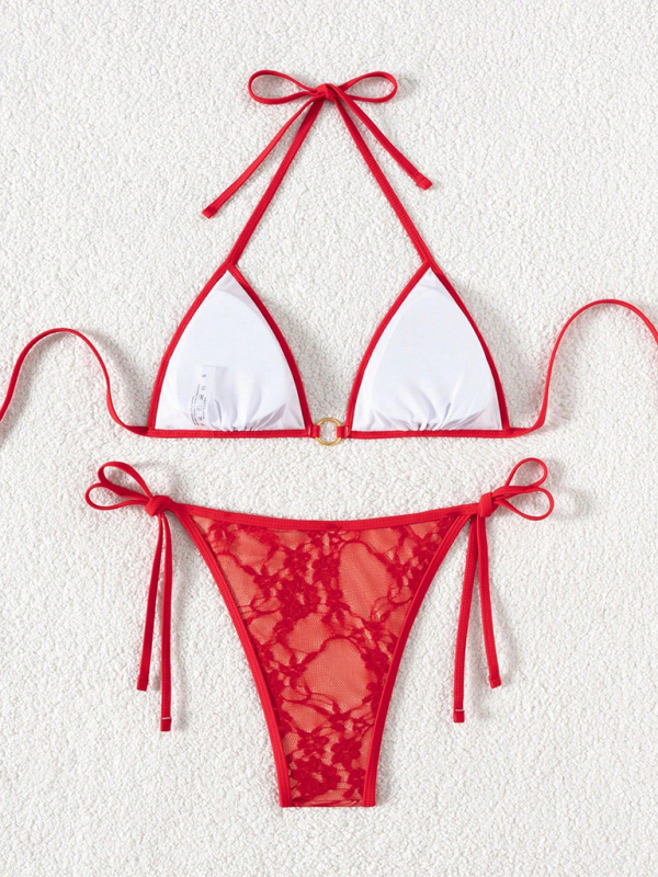 Red lace halter bikini swimwear