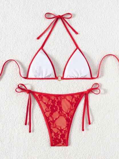 Red lace halter bikini swimwear-chiquechics
