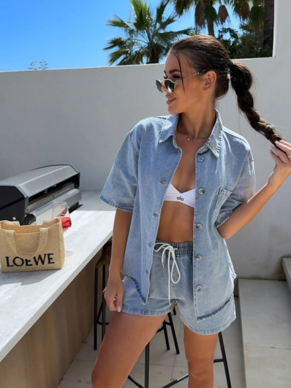 Casual loose short-sleeved shirt and denim shorts set-chiquechics