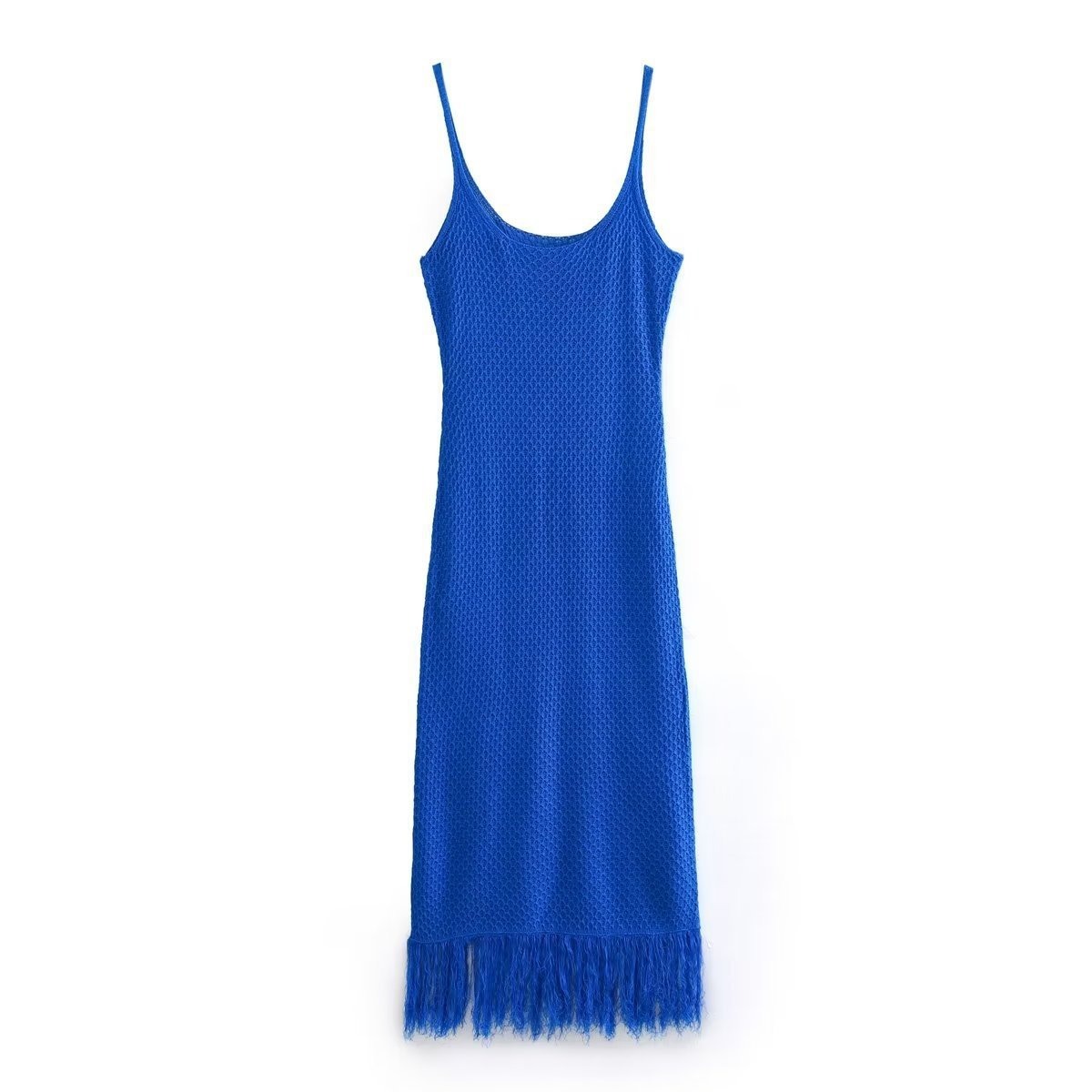 ummer Sexy Dresses Woman Trendy Blue Square Collar Tassel Decorate Sleeveless Pullover Female Knitting Long Dresses-chiquechics