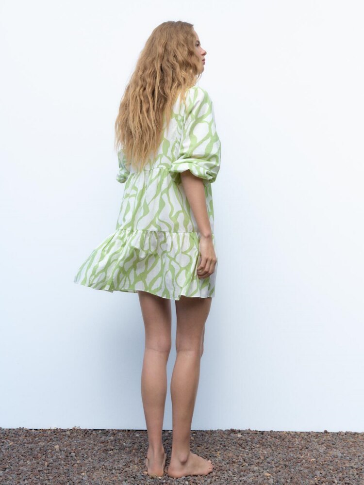 Women's Clothing V-neck Layered Decoration Loose Print Short Dress With Bow Tie-chiquechics