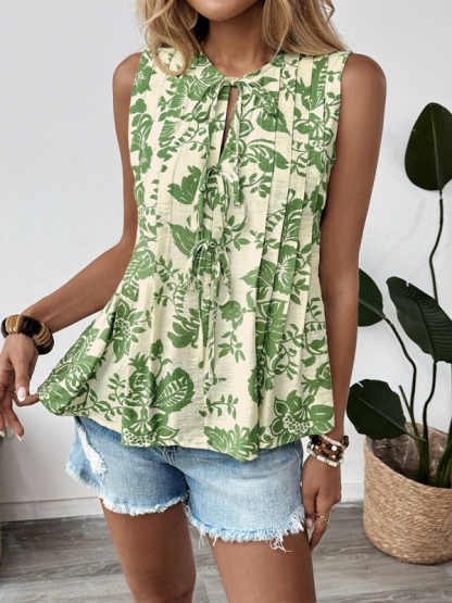 Printed Pleated Lace-Up Sleeveless Shirt-chiquechics