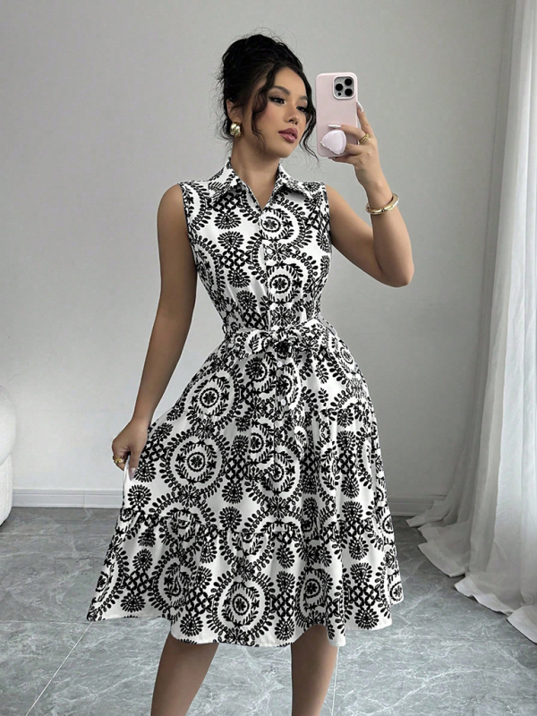 Fashionable off-shoulder waist-binding printed sleeveless dress-chiquechics