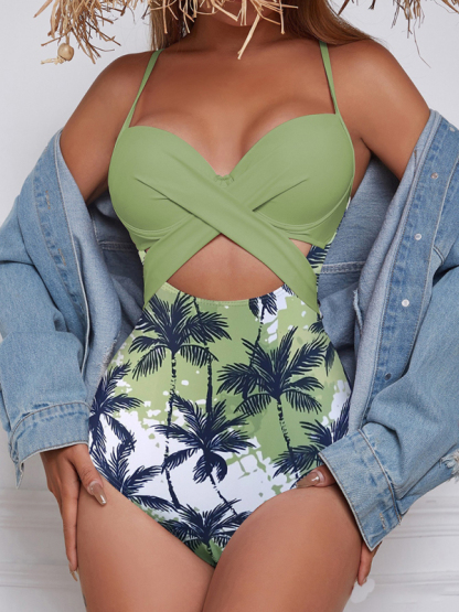 Spliced ​​one-piece sexy maple leaf print high waist cross beach swimsuit-chiquechics