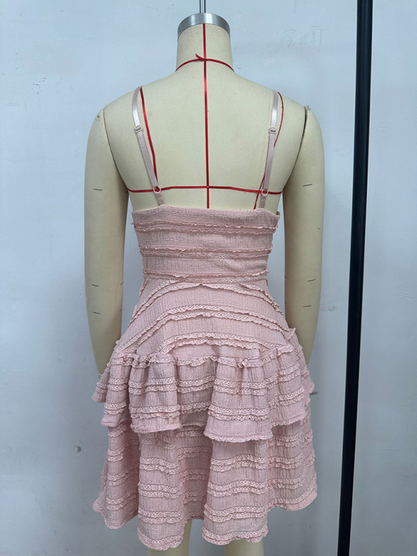 Solid color ruffle sexy suspender lace dress-chiquechics