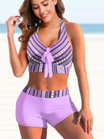 Bikini printed split swimsuit with flat angle stripes-chiquechics