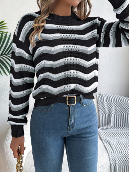 Casual hollow color block striped lantern long sleeve pullover sweater-chiquechics