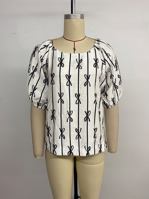 Sweet and simple puff sleeve square neck bow line shirt-chiquechics