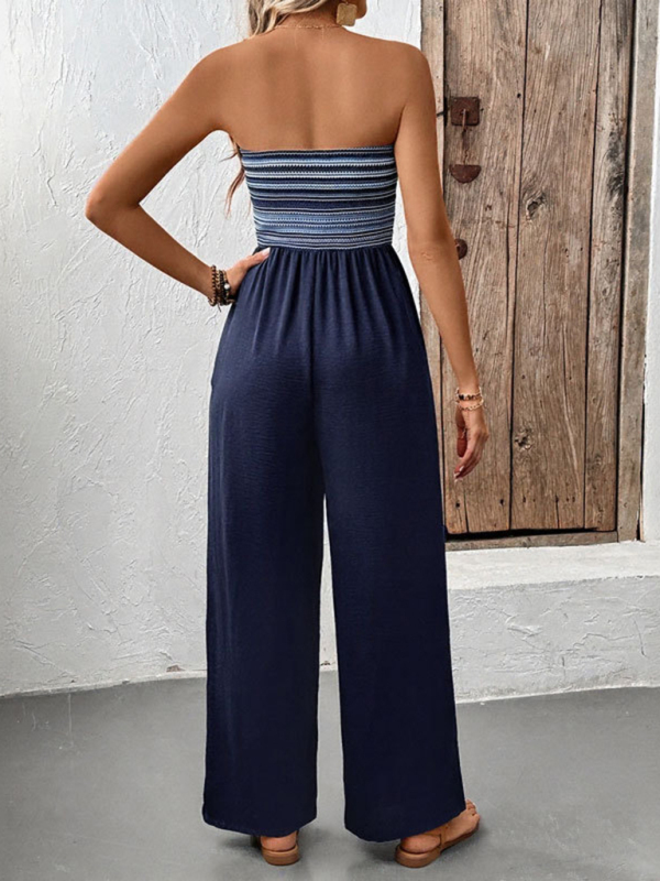 Casual simple jumpsuit elastic stitching striped jumpsuit-chiquechics