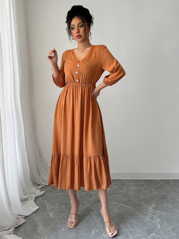 Orange simple lace patchwork dress-chiquechics