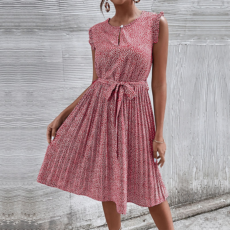 Casual Dress Lace-Up Pleated Green Floral Dress-chiquechics
